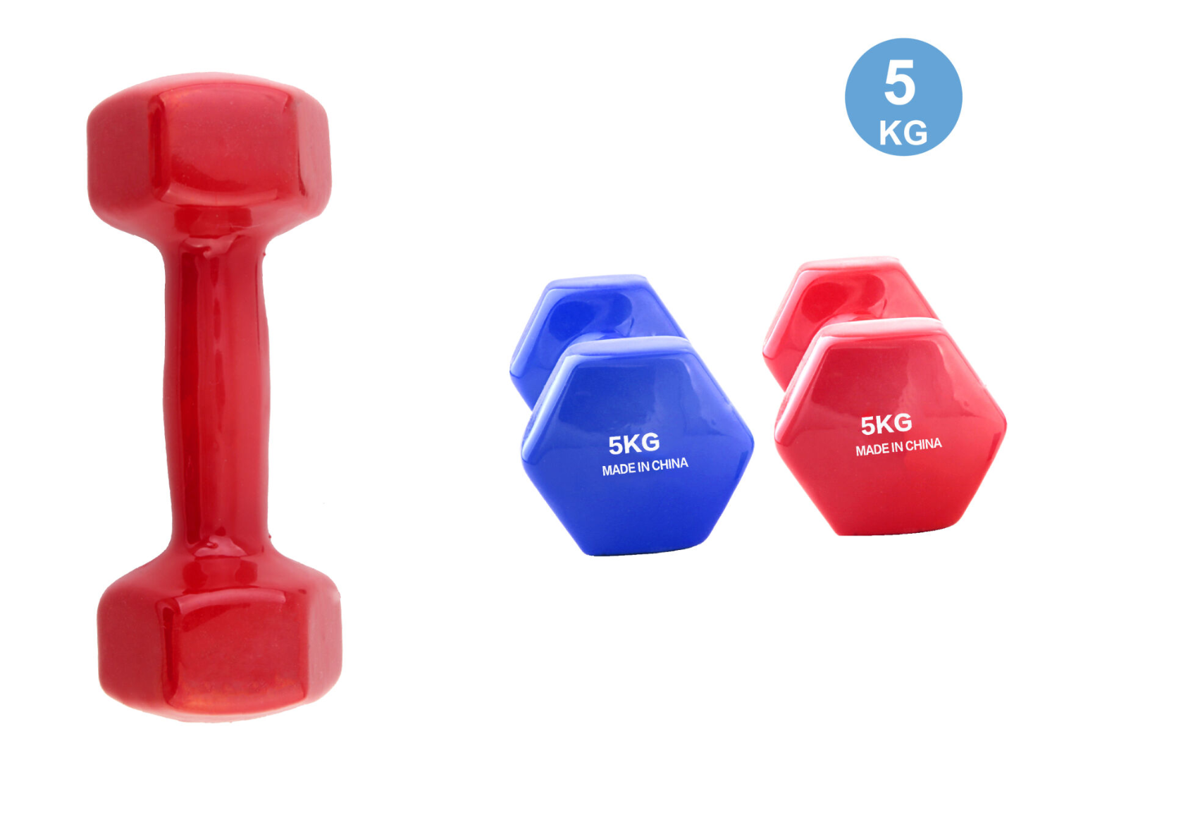 Hexagonal dip molded dumbbell blue red 5kg