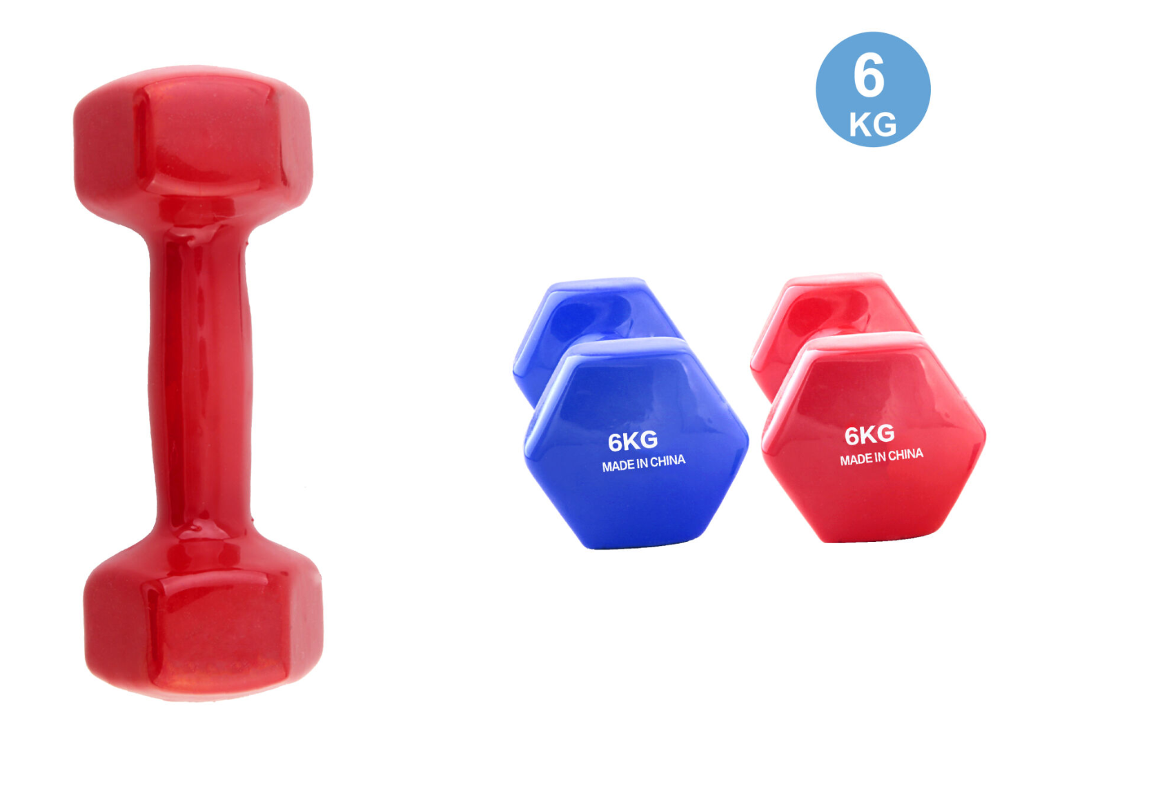 Hexagonal dipped plastic dumbbells in blue and red, 6kg