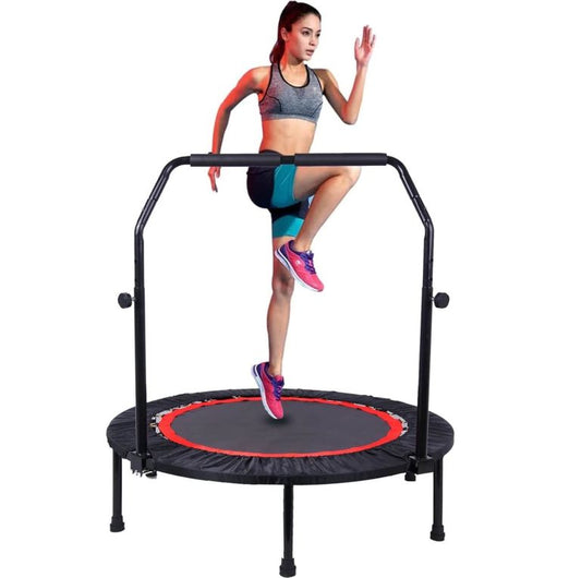 40 Inch Trampoline with Long Bar - Foldable, 330lbs Capacity, Adjustable Handle